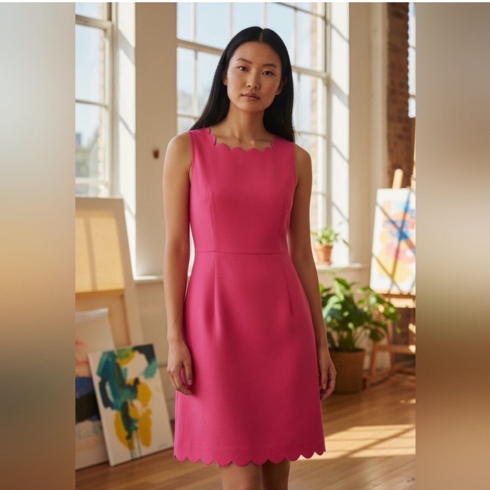 J. Crew Factory Cotton Scalloped Hem/Neckline A-Line Sheath Midi Dress Pink 14 - Picture 2 of 14